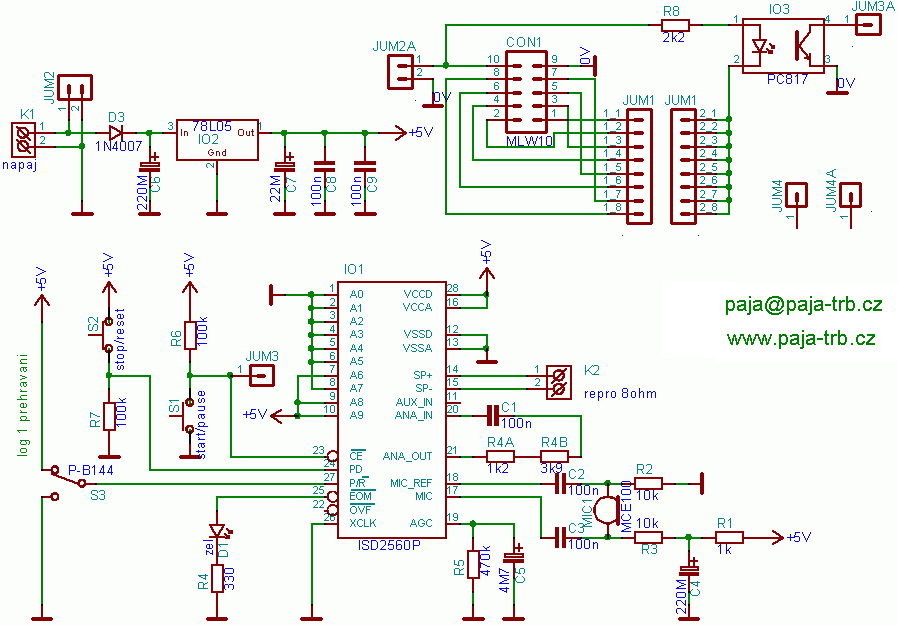 Schma zznamnku s ISD2560 + modul pro pipojen vtahu